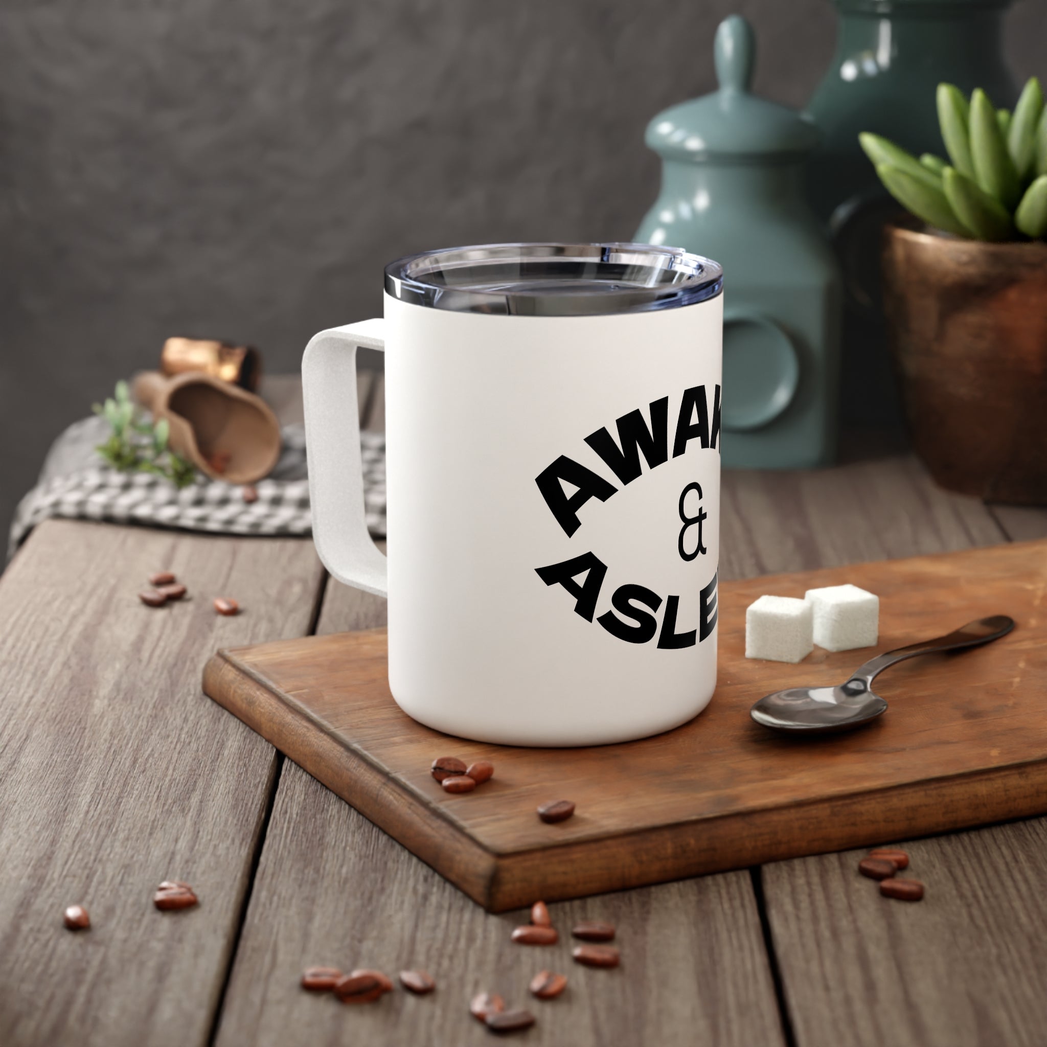 Insulated Coffee Mug — "Awake & Asleep" Minimalist Travel Tumbler, 10 oz