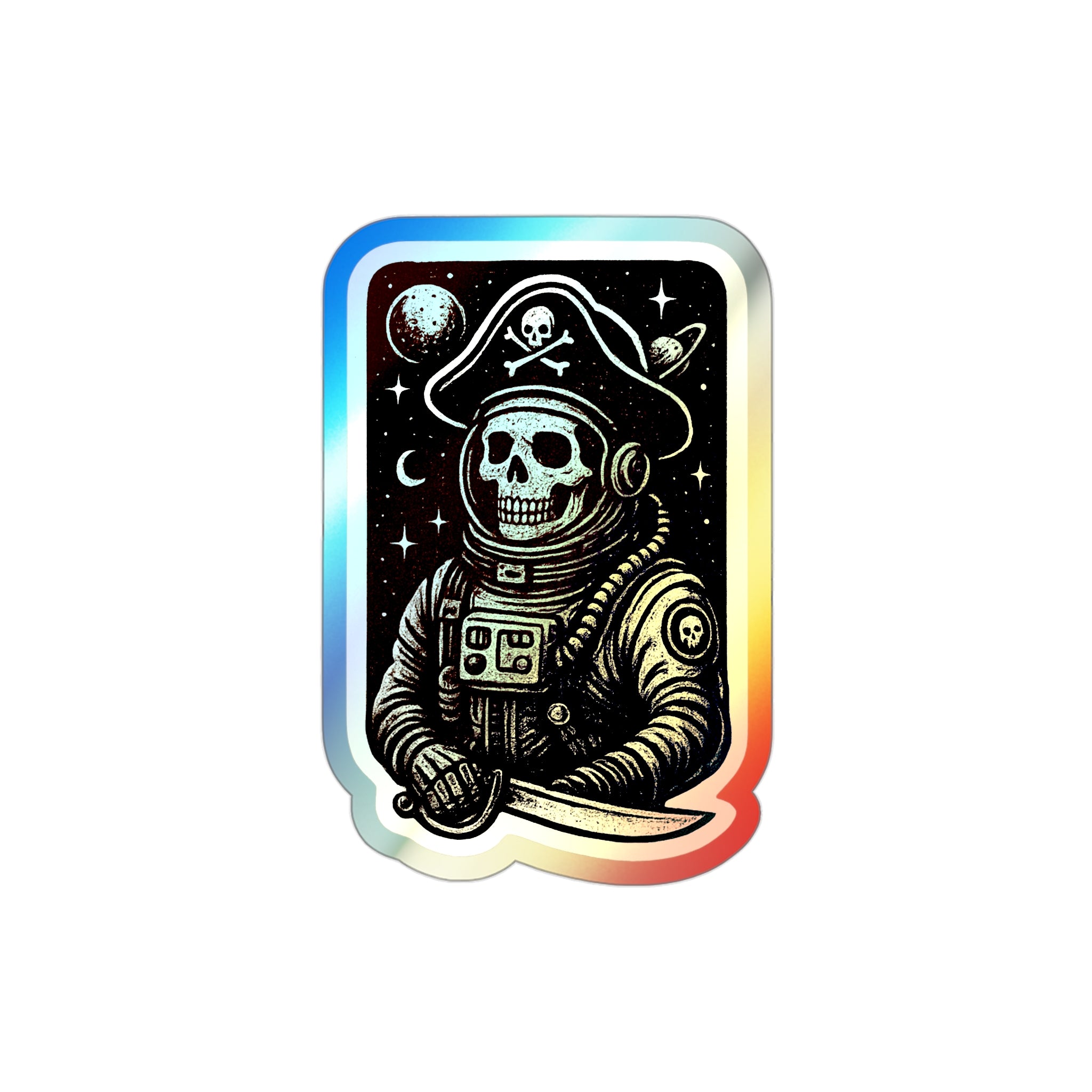 Space Skeleton Pirate Holographic Die-Cut Sticker — Cosmic Skull Pirate Decal