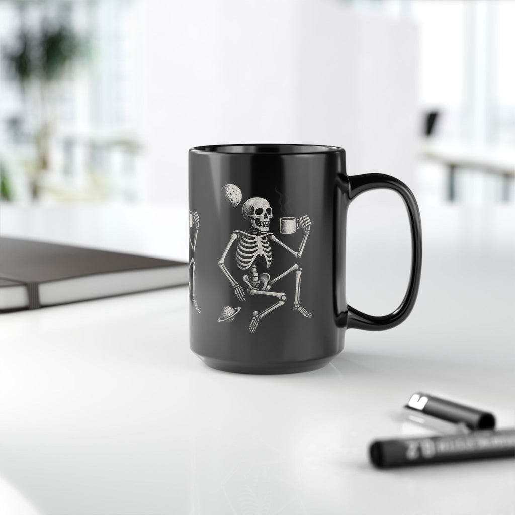15oz Black Mug — Space Skeleton Drinking Coffee