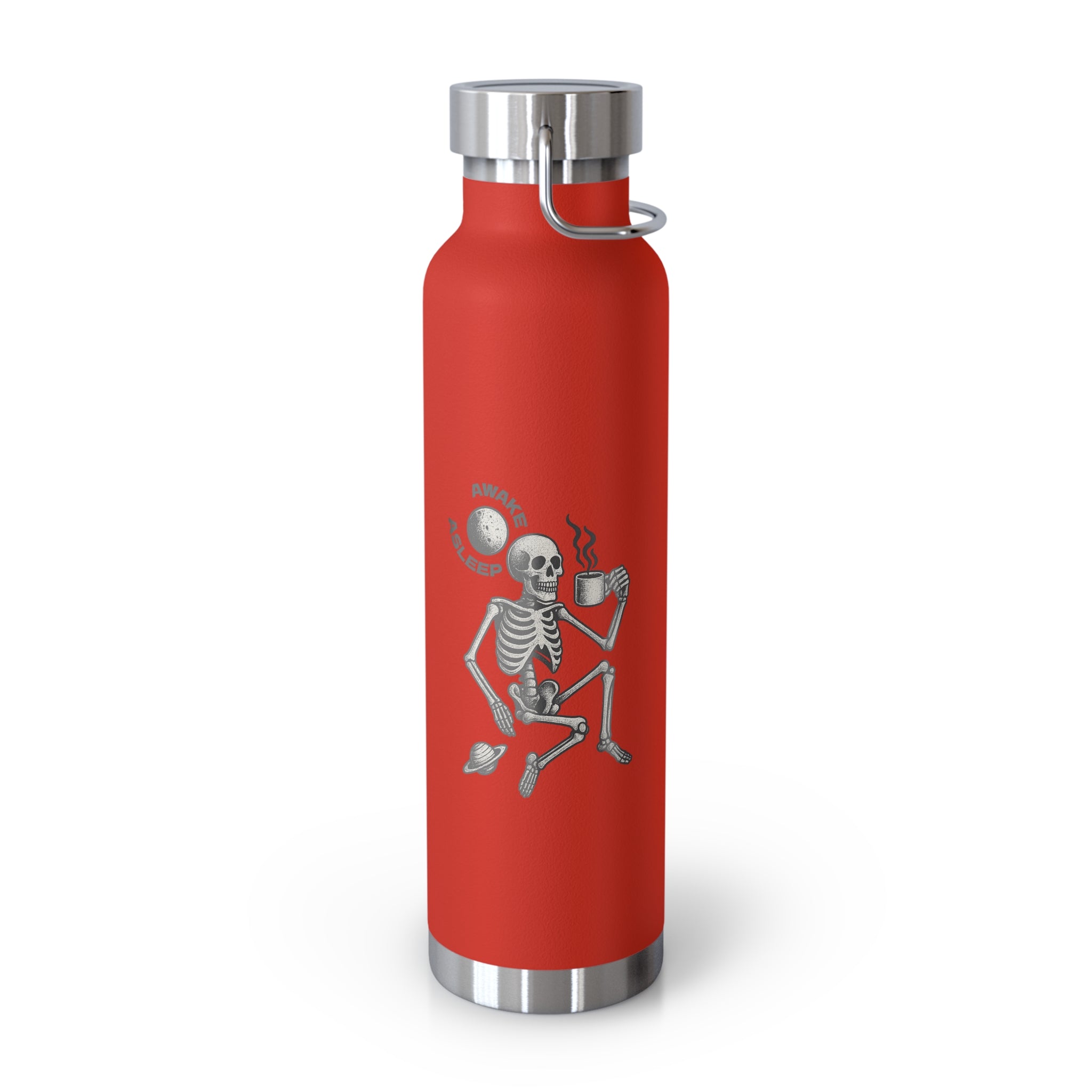 22oz Insulated Water Bottle – Red 'Awake & Asleep' Skeleton Design