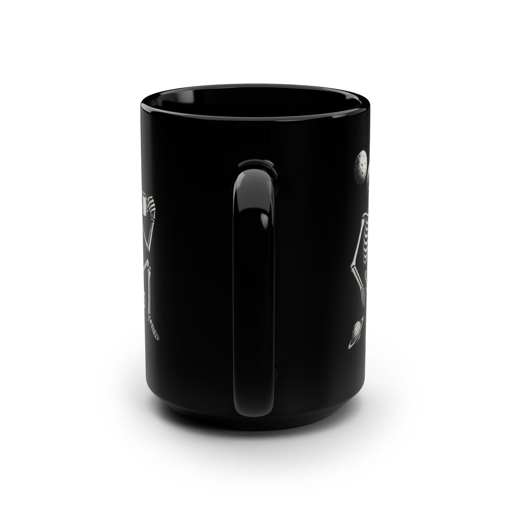 15oz Black Mug — Space Skeleton Drinking Coffee