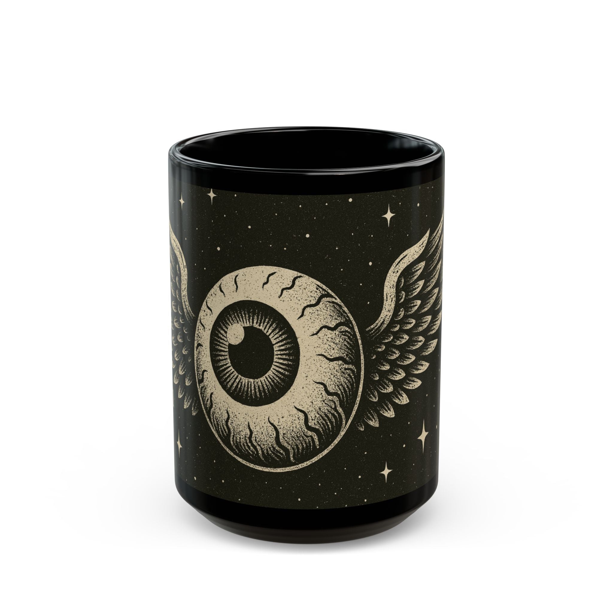 Winged Eyeball Black Mug – Gothic Retro Occult Coffee Cup