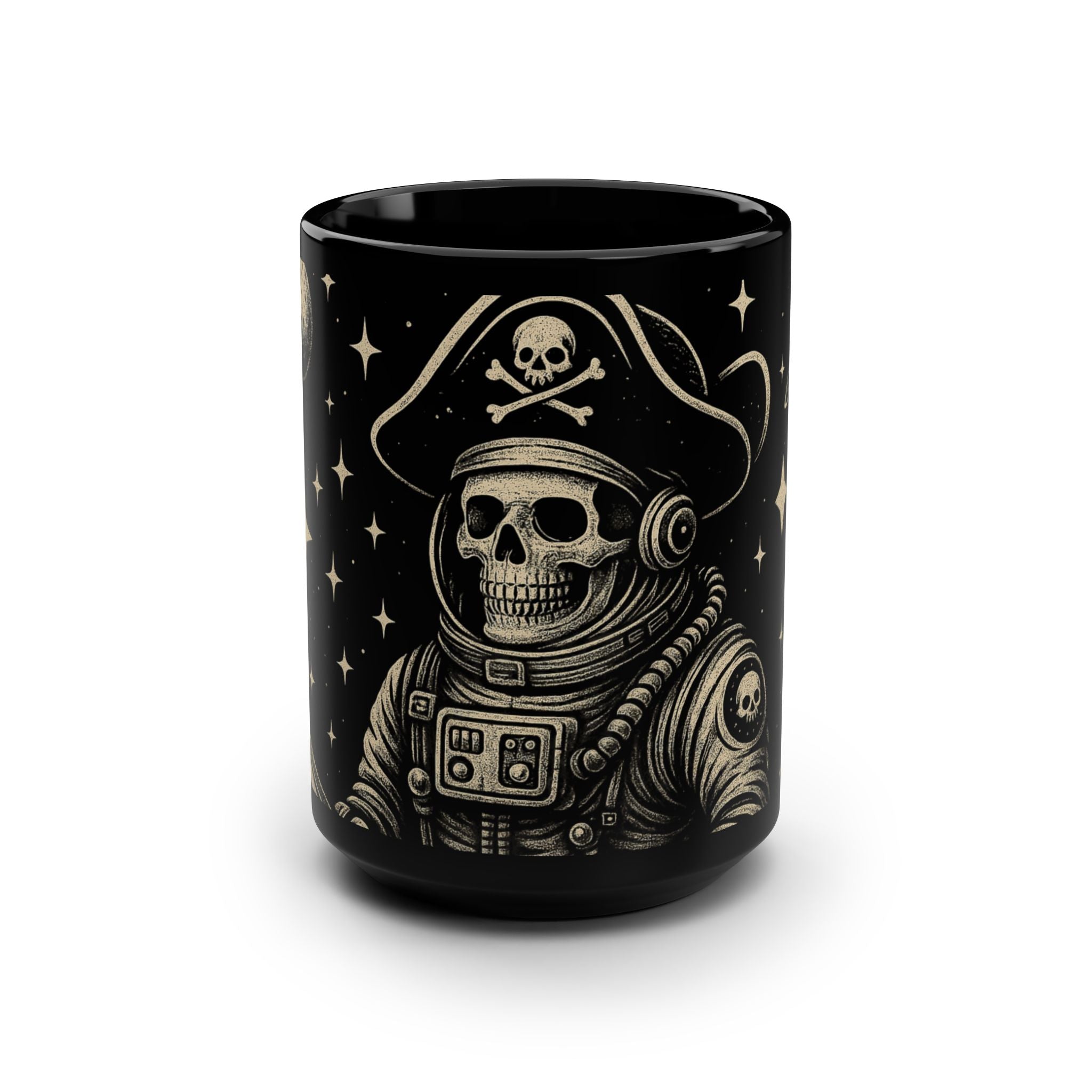 Skull Pirate Astronaut Black 15oz Mug — Spooky Space Coffee Cup