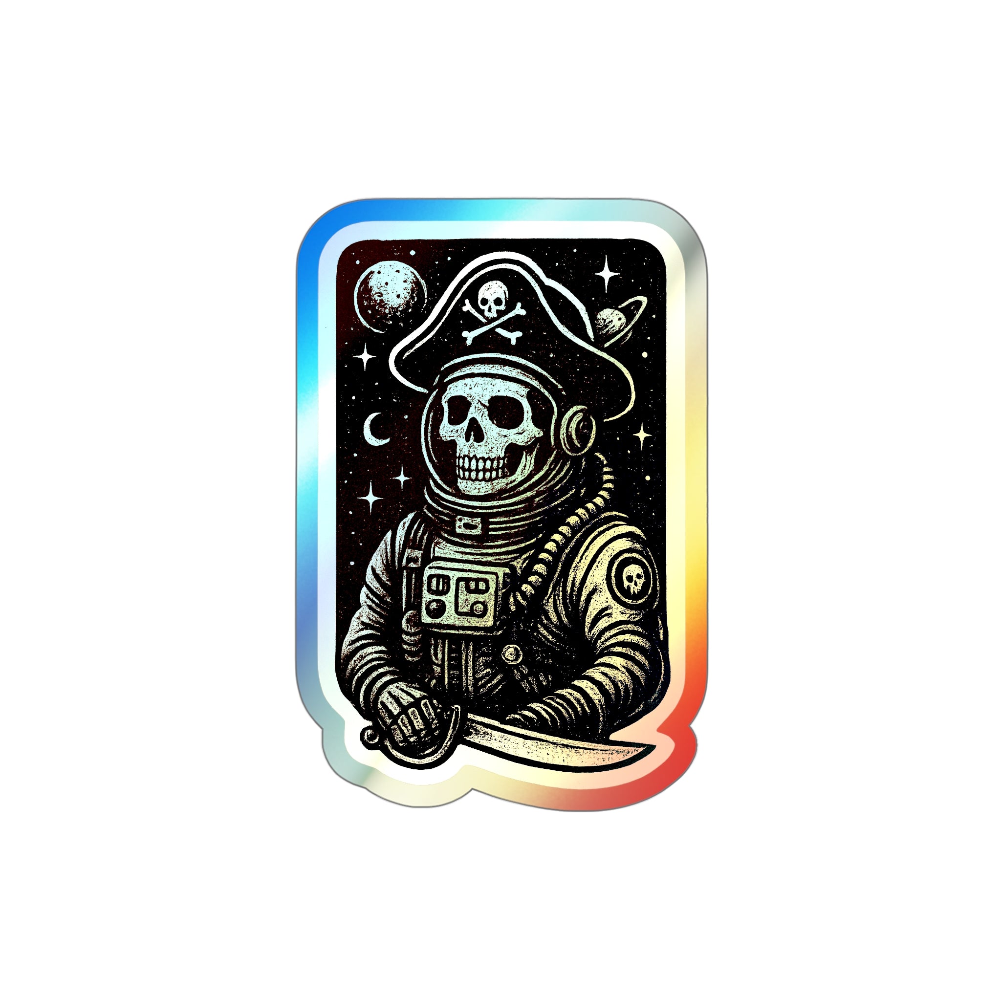 Space Skeleton Pirate Holographic Die-Cut Sticker — Cosmic Skull Pirate Decal