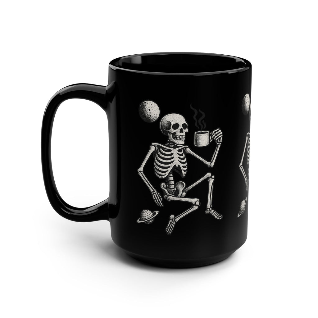 15oz Black Mug — Space Skeleton Drinking Coffee