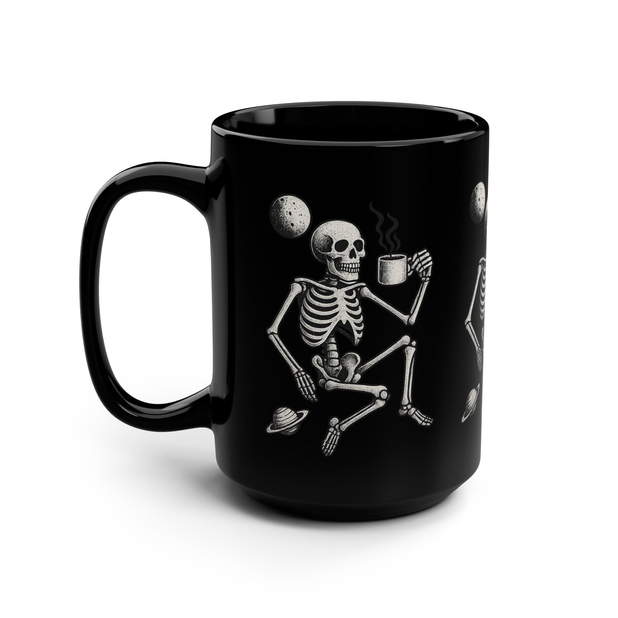 15oz Black Mug — Space Skeleton Drinking Coffee