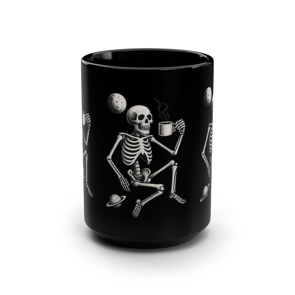 15oz Black Mug — Space Skeleton Drinking Coffee