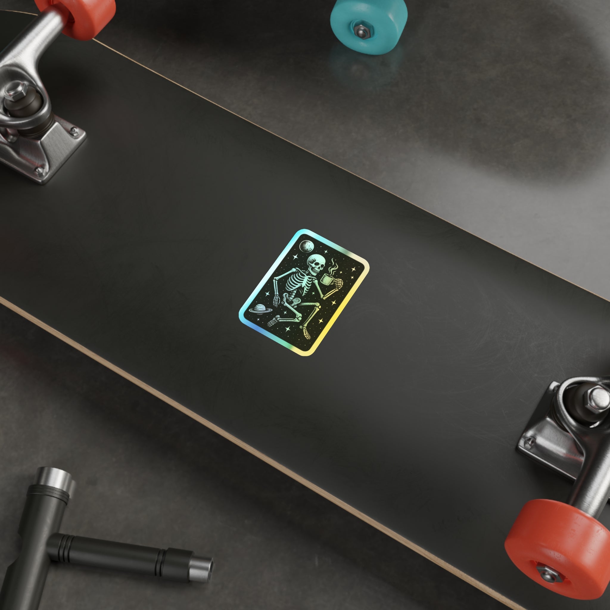 Holographic Skeleton Sticker — Space Coffee Die-Cut Vinyl