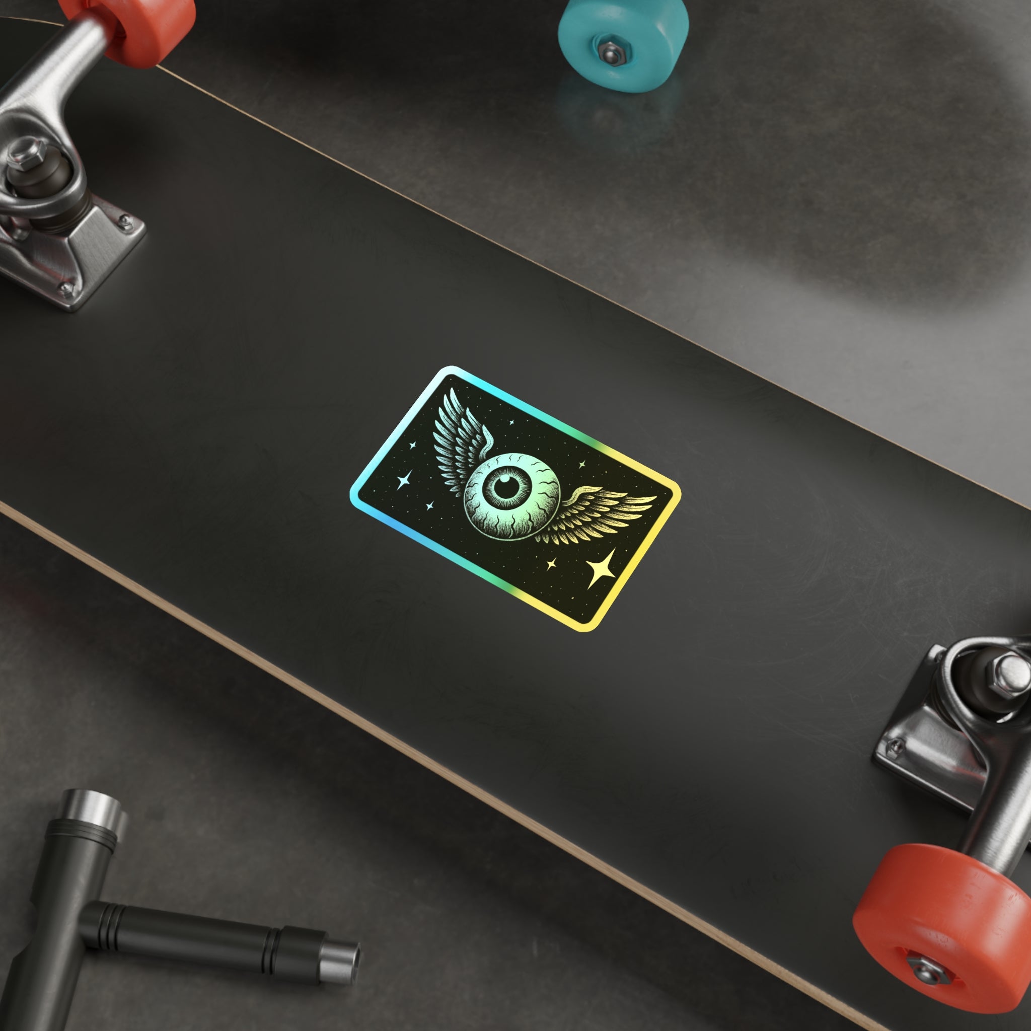Holographic Winged Eyeball Sticker — Die-Cut Reflective Skateboard Decal
